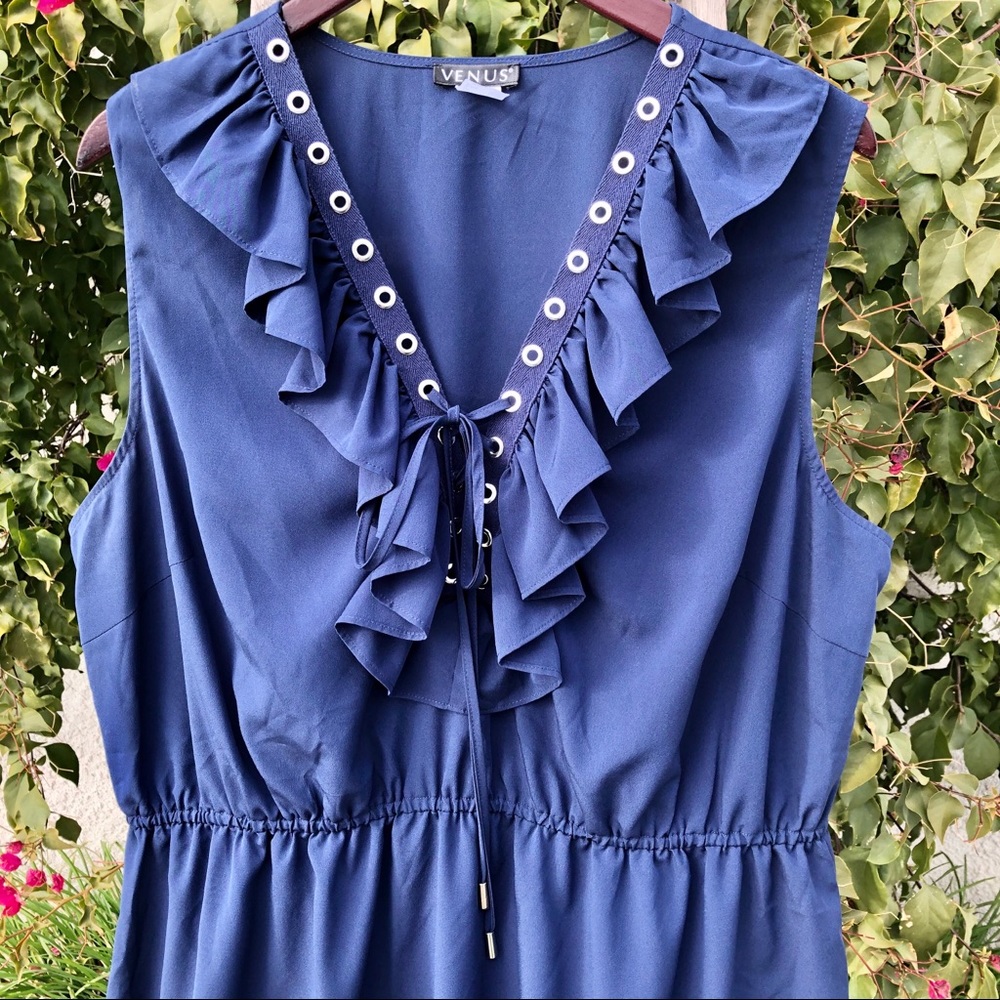 VENUS NAVY RUFFLE LACE UP MINI DRESS - Picture 4 of 8